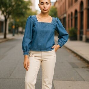 NWOT J.Crew Squareneck Denim Blouse Cottage Core Minimalist Parisian Style S